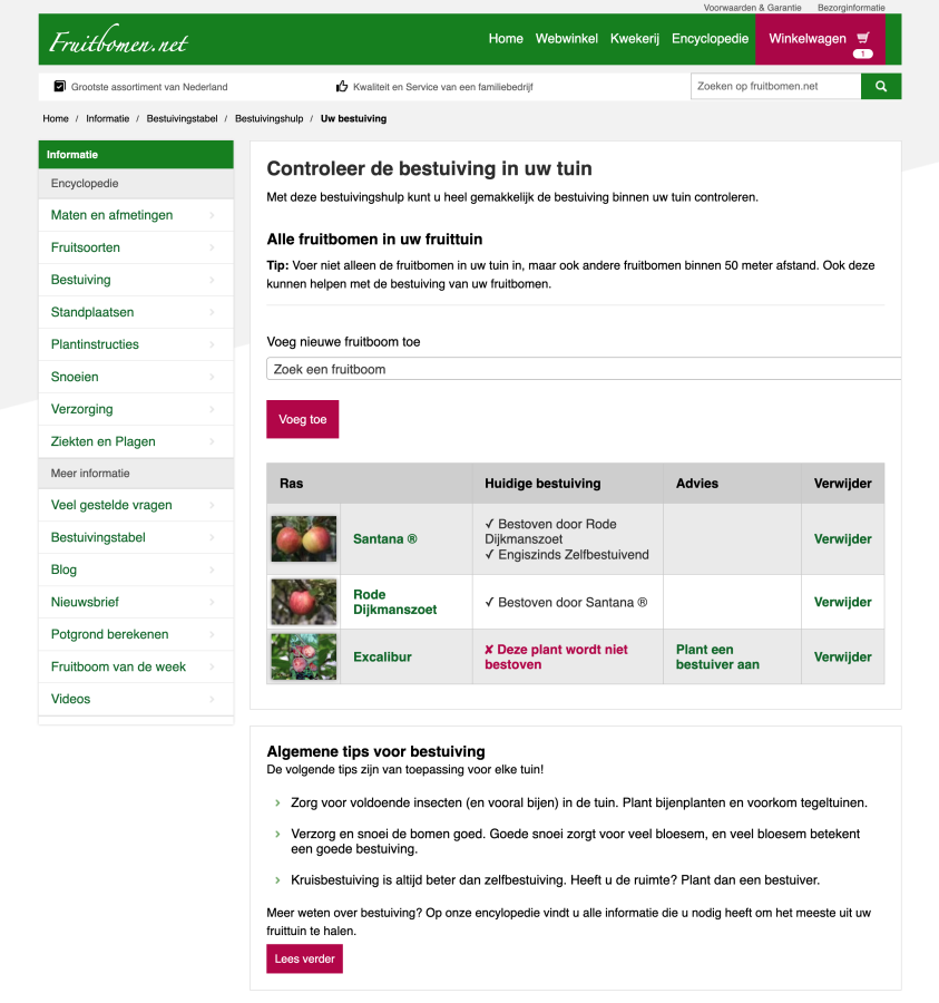 Met onze bestuivingshulp check je gemakkelijk de bestuiving in jouw fruittuin. Screenshot van Bestuivingshulp