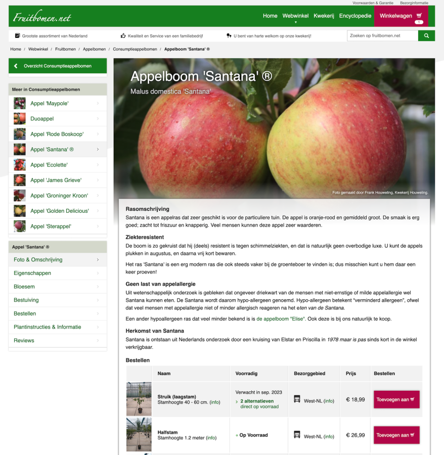 Veel producten in de webwinkel zijn voorzien van een nieuwe rasbeschrijving en foto. Appelboom Santana in de webwinkel